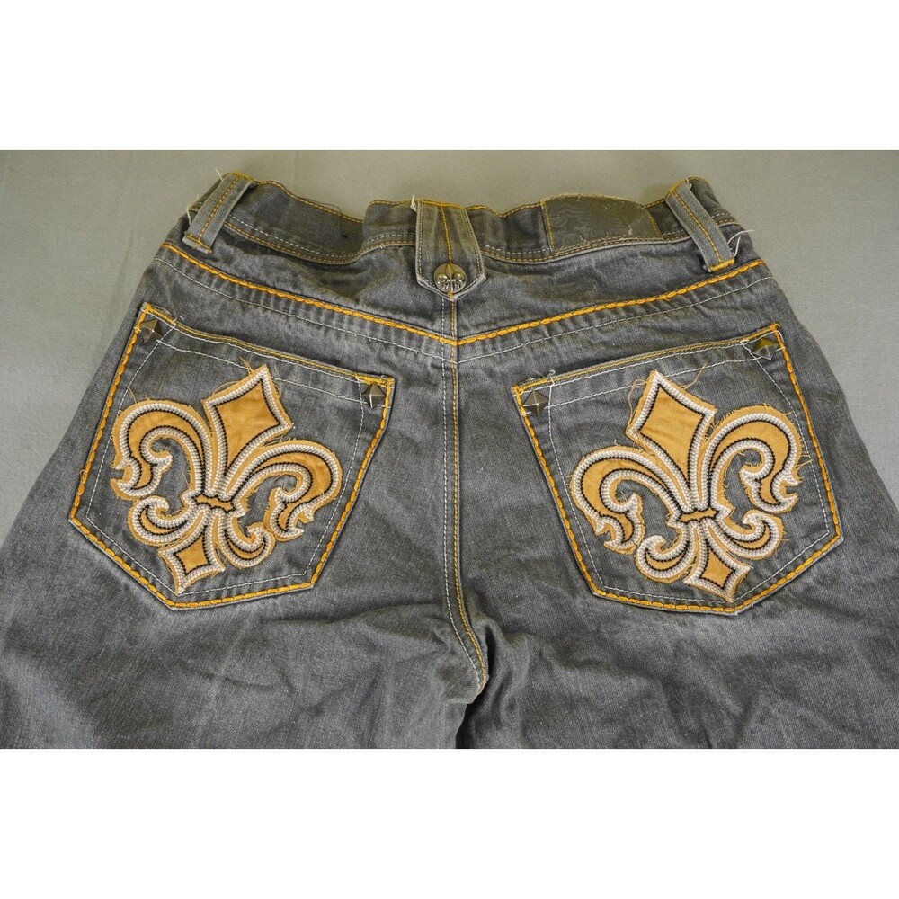 Vtg Basic Code Men's 32x32 Jeans Fleur De Lis Embroidered Baggy Y2K Grey Denim - Picture 3 of 10